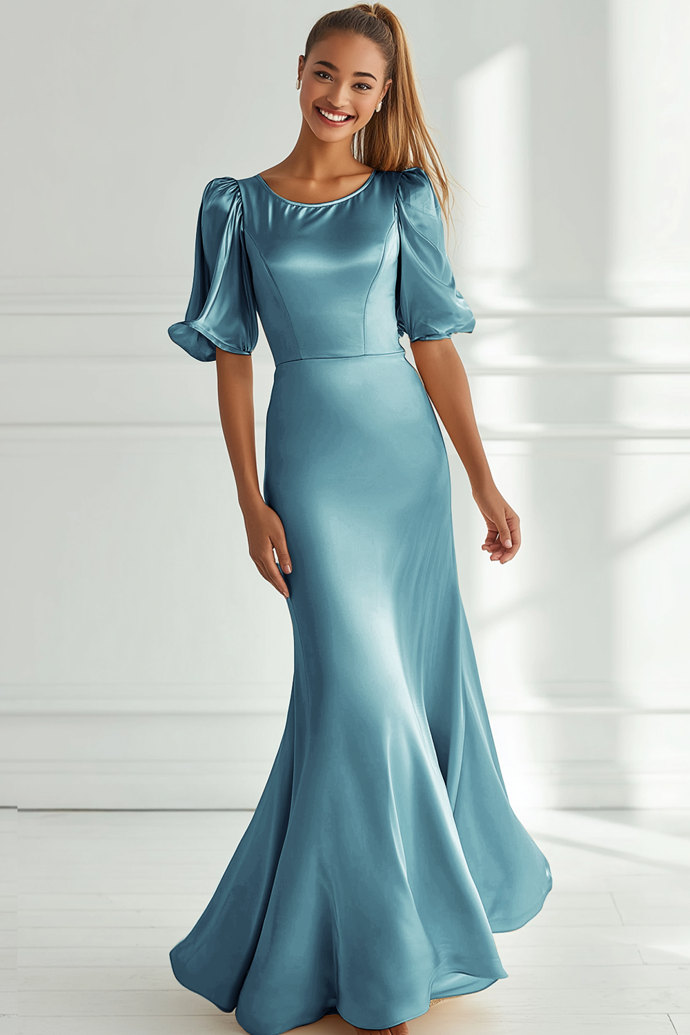Champagne Satin Mermaid Long Formal Dress with Sleeves