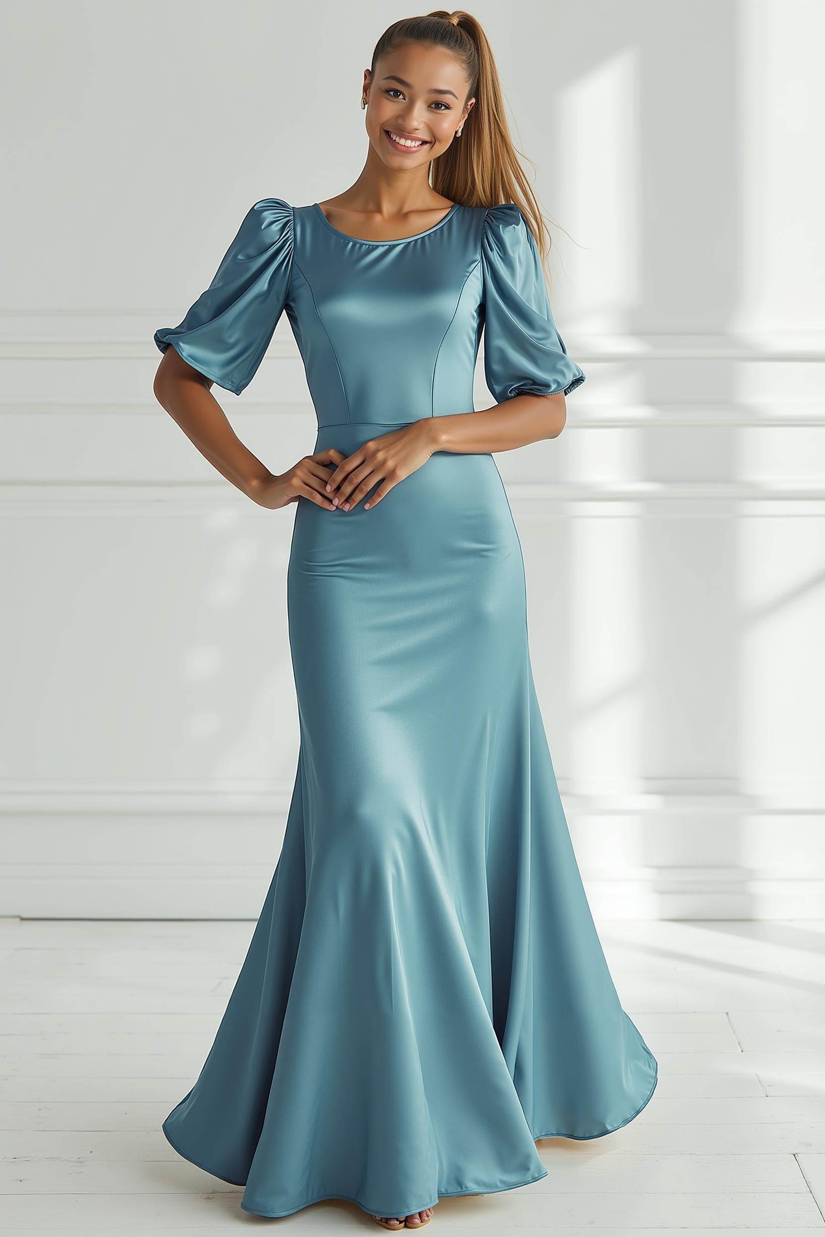 Champagne Satin Mermaid Long Formal Dress with Sleeves