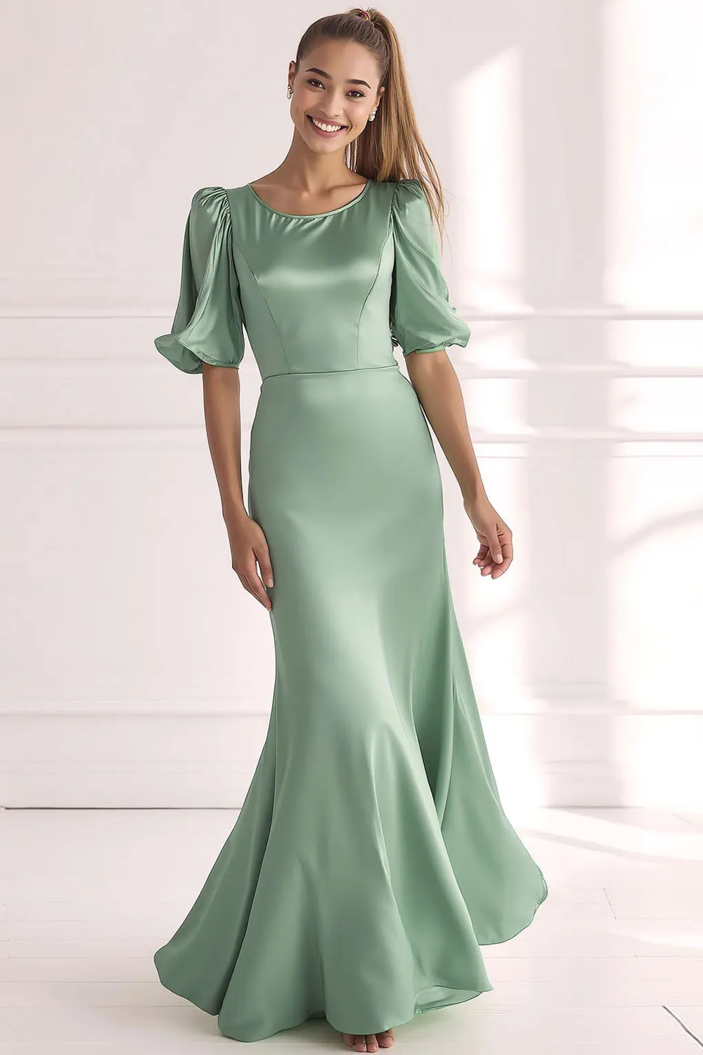 Champagne Satin Mermaid Long Formal Dress with Sleeves