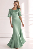 Champagne Satin Mermaid Long Formal Dress with Sleeves