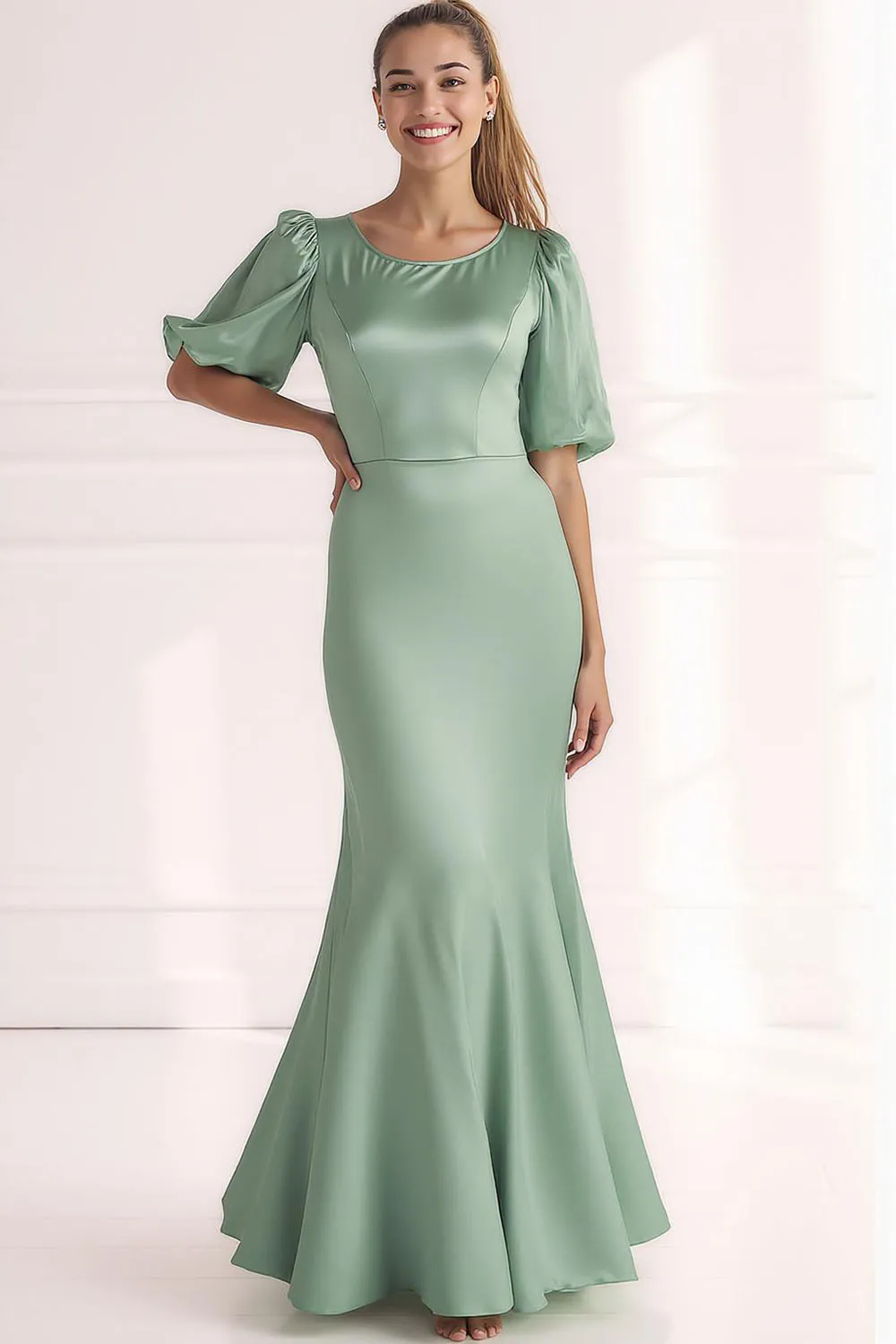 Champagne Satin Mermaid Long Formal Dress with Sleeves