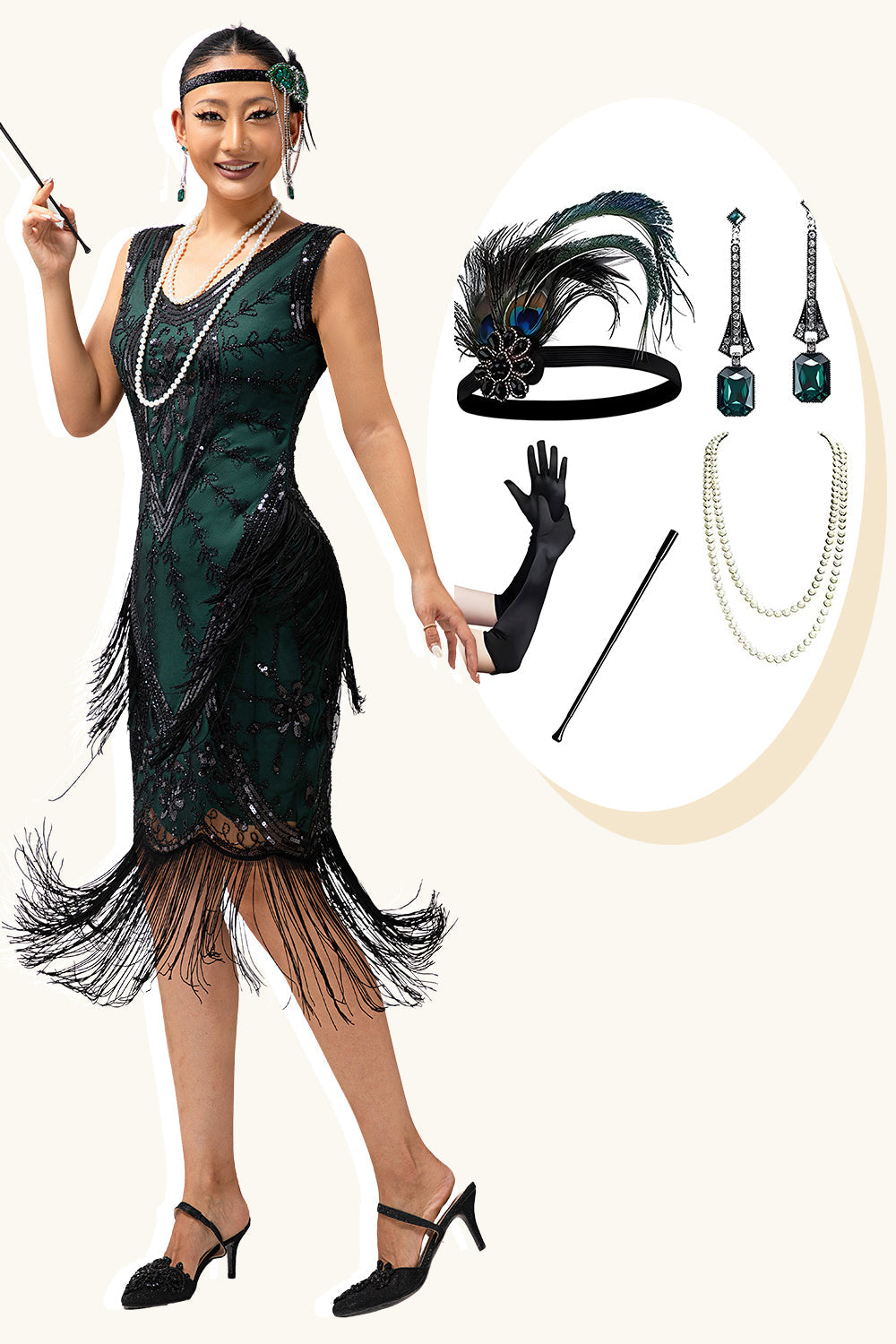 Sparkly Black Green Sequins Fringed 920s Dress with 5-Piece Accessories Set