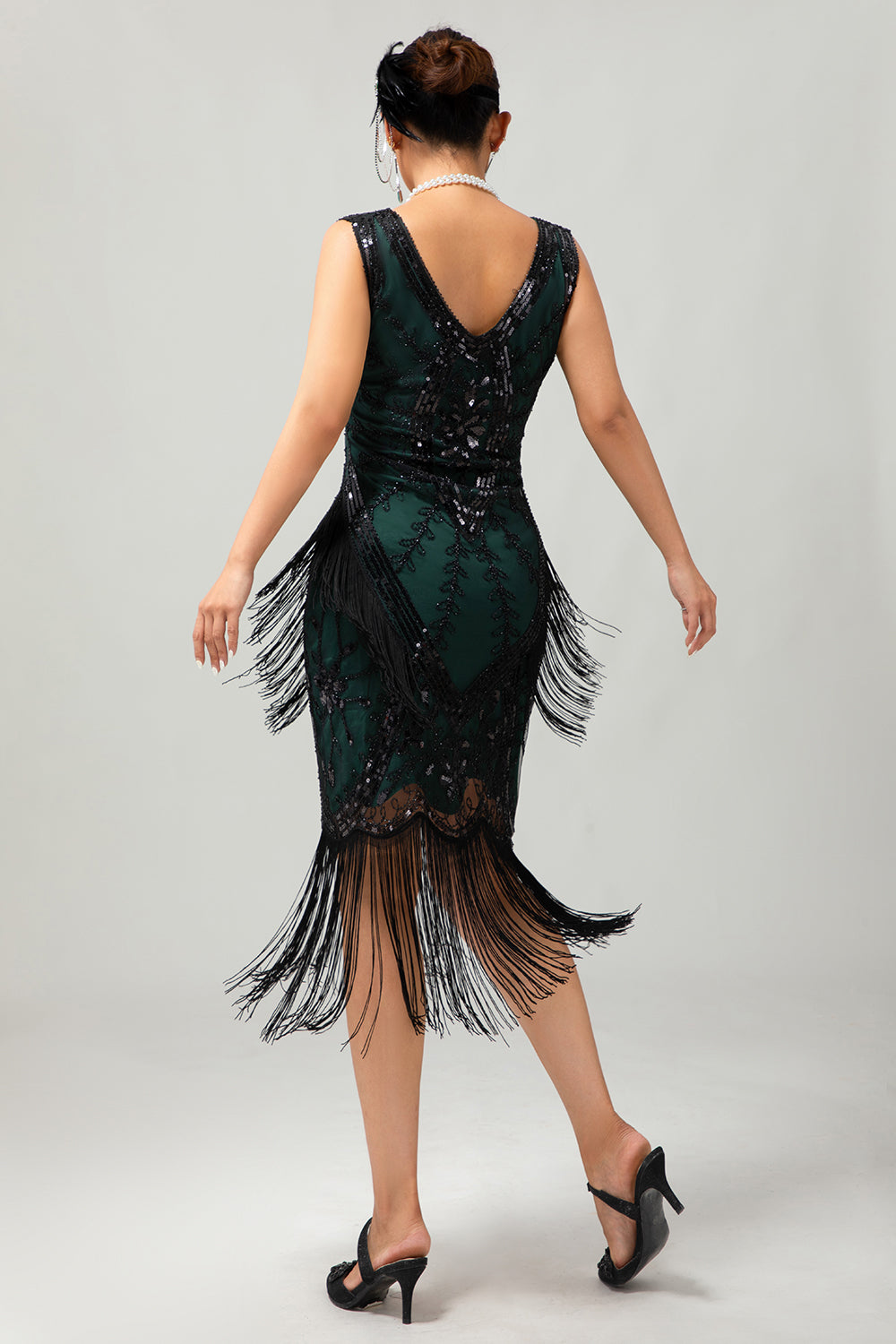 Sparkly Black Green Sequins Fringed 920s Dress with 5-Piece Accessories Set