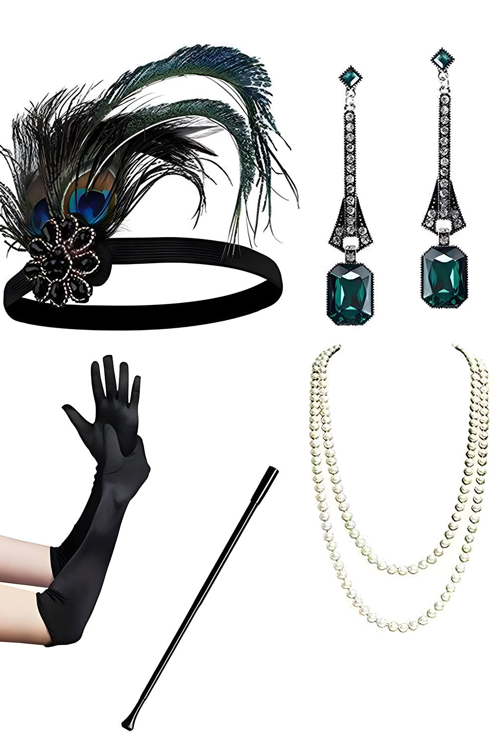 Sparkly Black Green Sequins Fringed 920s Dress with 5-Piece Accessories Set