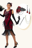 Sparkly Fringed Black Red Sequins Gatsby 1920s Dress with Accessory Set