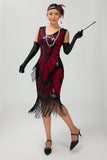 Sparkly Fringed Black Red Sequins Gatsby 1920s Dress with Accessory Set