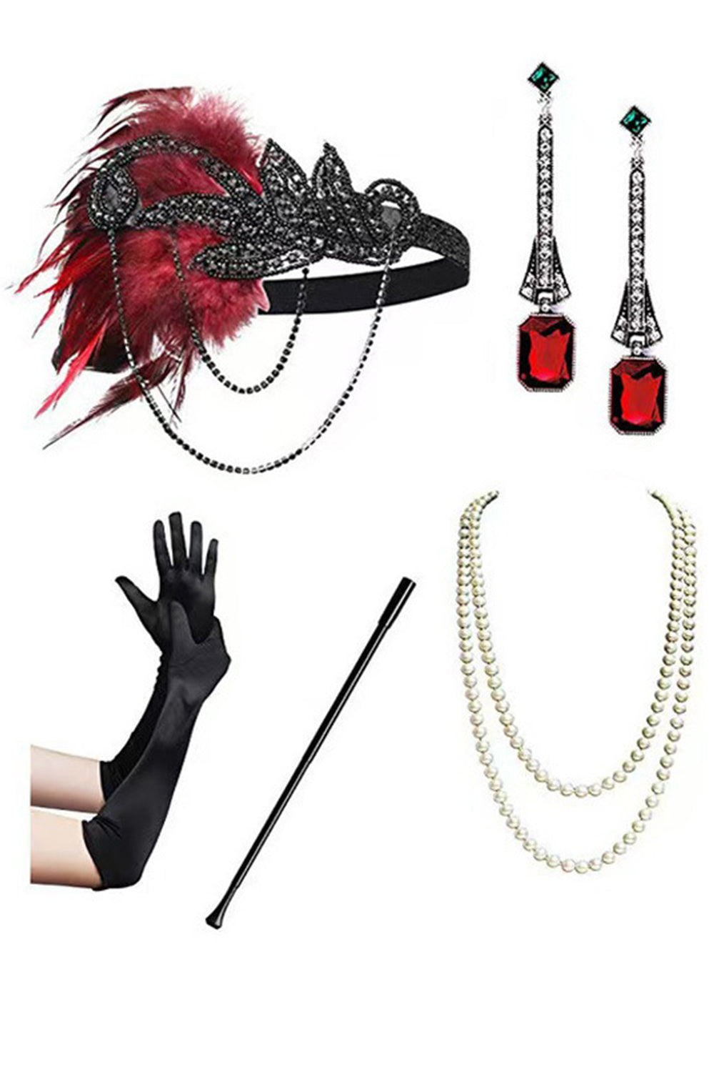 Sparkly Fringed Black Red Sequins Gatsby 1920s Dress with Accessory Set