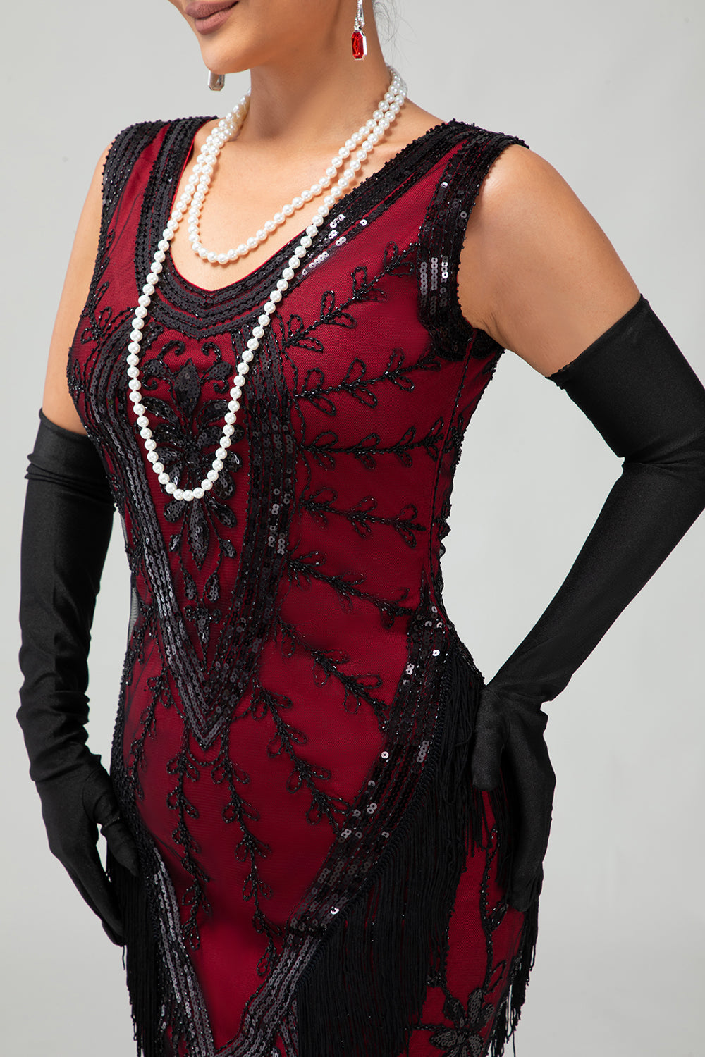 Sparkly Fringed Black Red Sequins Gatsby 1920s Dress with Accessory Set