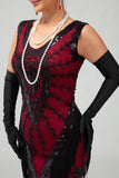 Sparkly Fringed Black Red Sequins Gatsby 1920s Dress with Accessory Set