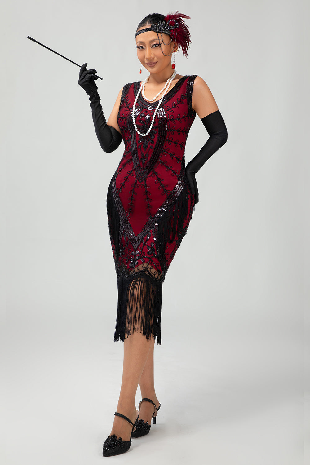 Sparkly Fringed Black Red Sequins Gatsby 1920s Dress with Accessory Set