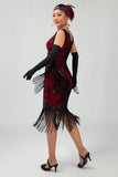 Sparkly Fringed Black Red Sequins Gatsby 1920s Dress with Accessory Set