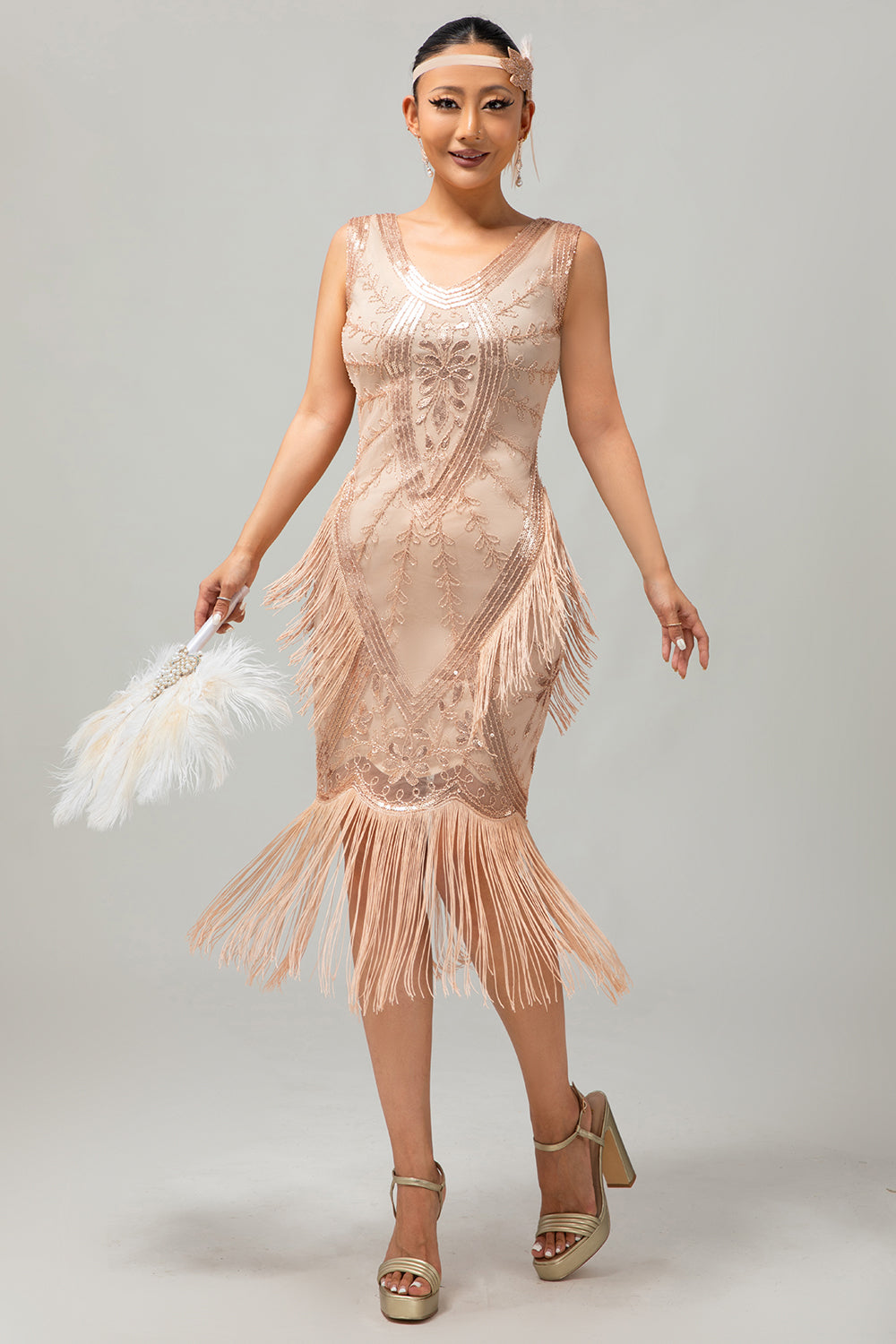 Sparkly Champagne Fringed Sequins 1920s Dress with 5-Piece Accessory Set