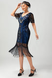 Sparkly Black Blue Sequins Fringed Midi 1920s Dress with 5-Piece Accessories Set