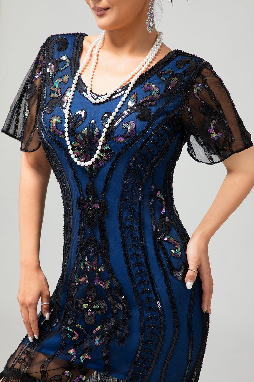 Sparkly Black Blue Sequins Fringed Midi 1920s Dress with 5-Piece Accessories Set