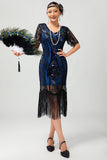 Sparkly Black Blue Sequins Fringed Midi 1920s Dress with 5-Piece Accessories Set