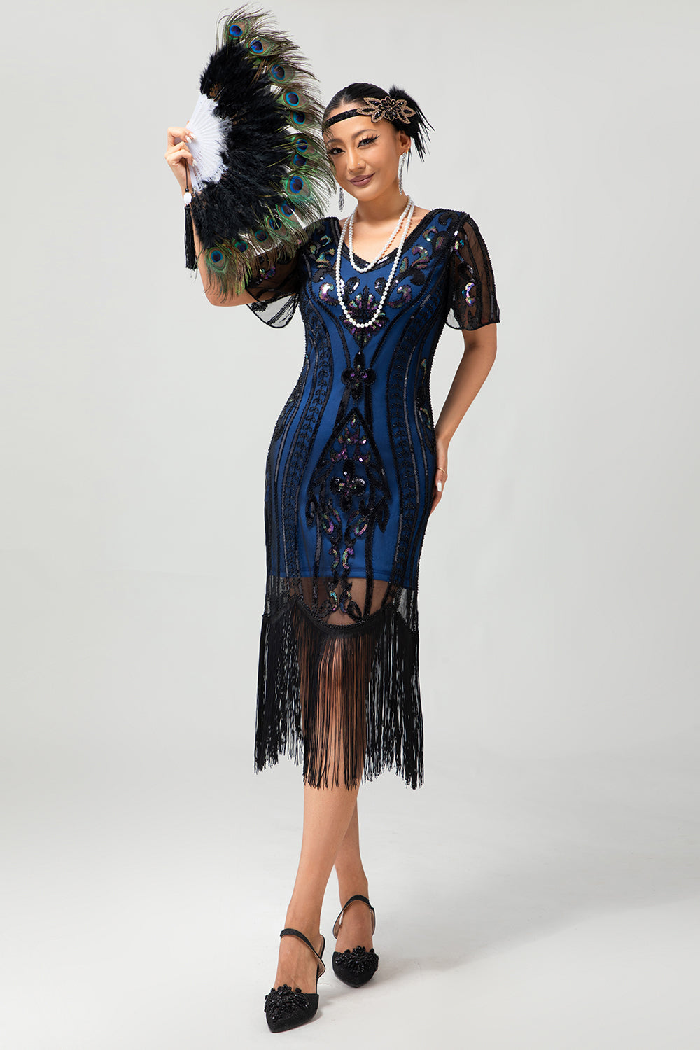 Sparkly Apricot Fringed Sequins Gatsby Midi 1920s Dress with Sleeves