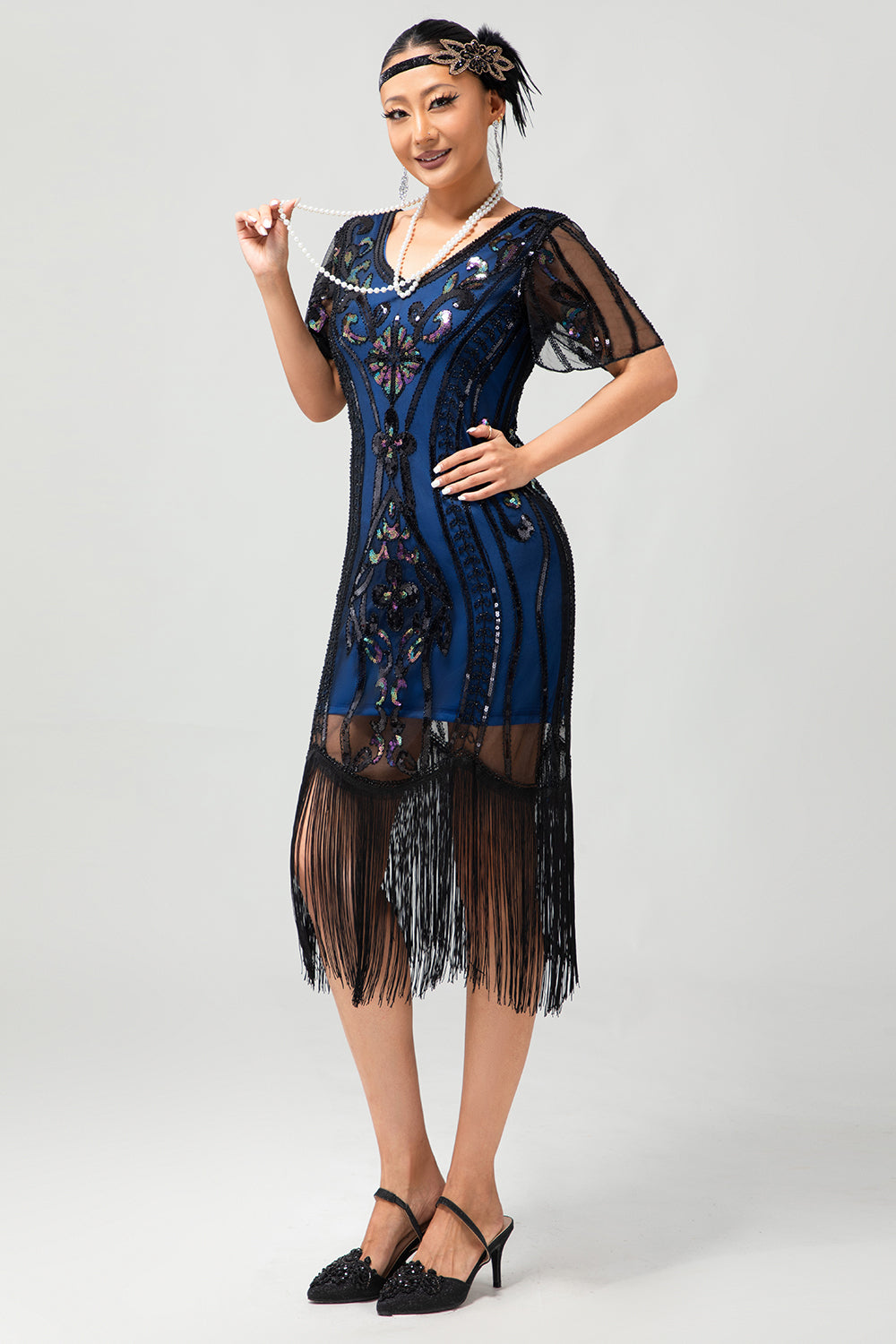 Sparkly Black Blue Sequins Fringed Midi 1920s Dress with 5-Piece Accessories Set