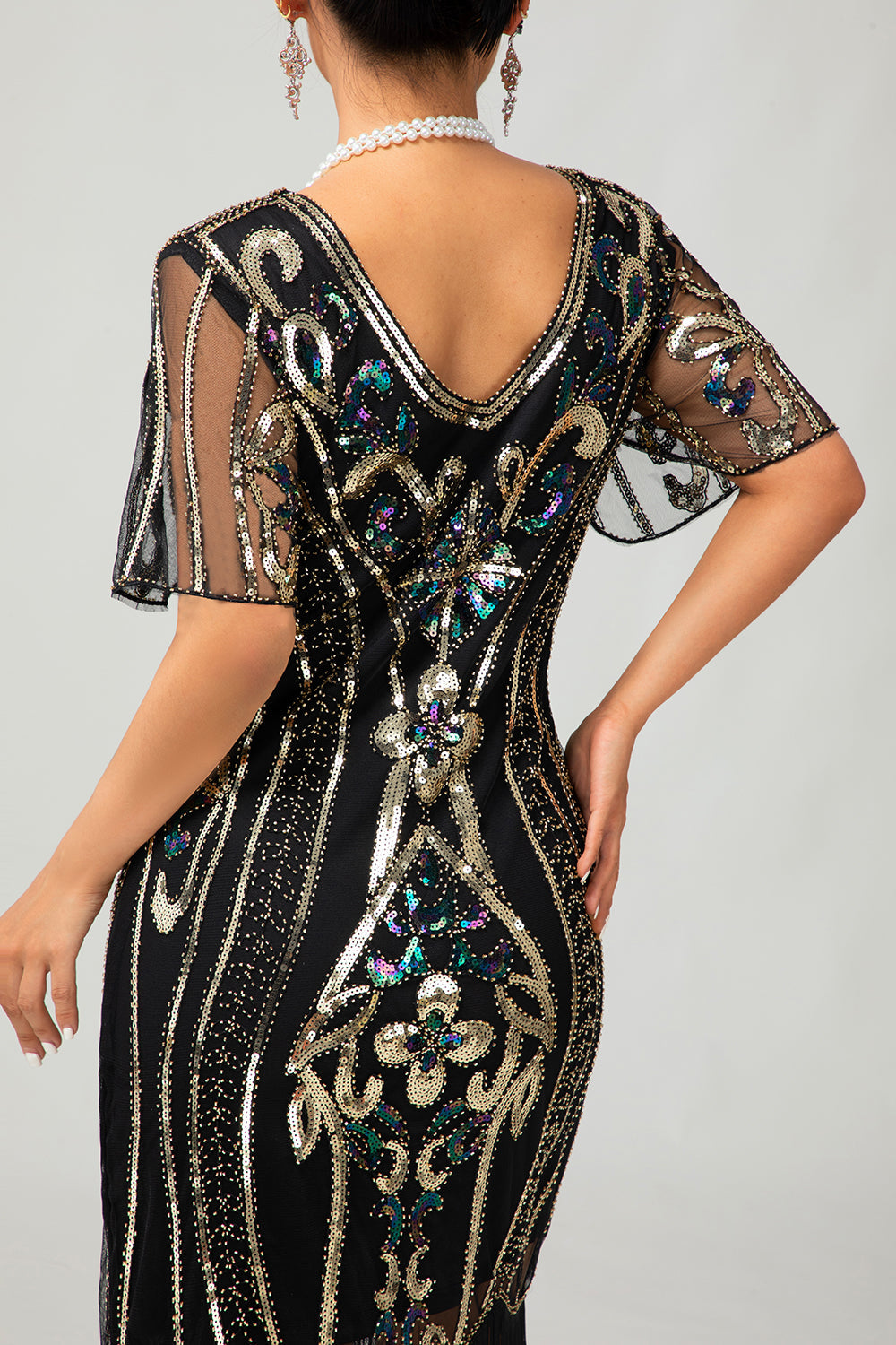 Sparkly Black Golden Sequins Gatsby Bodycon Fringed Midi 1920s Dress