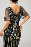 Sparkly Black Golden Sequins Gatsby Bodycon Fringed Midi 1920s Dress