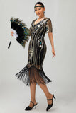 Sparkly Black Golden Sequins Gatsby Bodycon Fringed Midi 1920s Dress