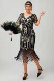 Sparkly Black Golden Sequins Gatsby Bodycon Fringed Midi 1920s Dress