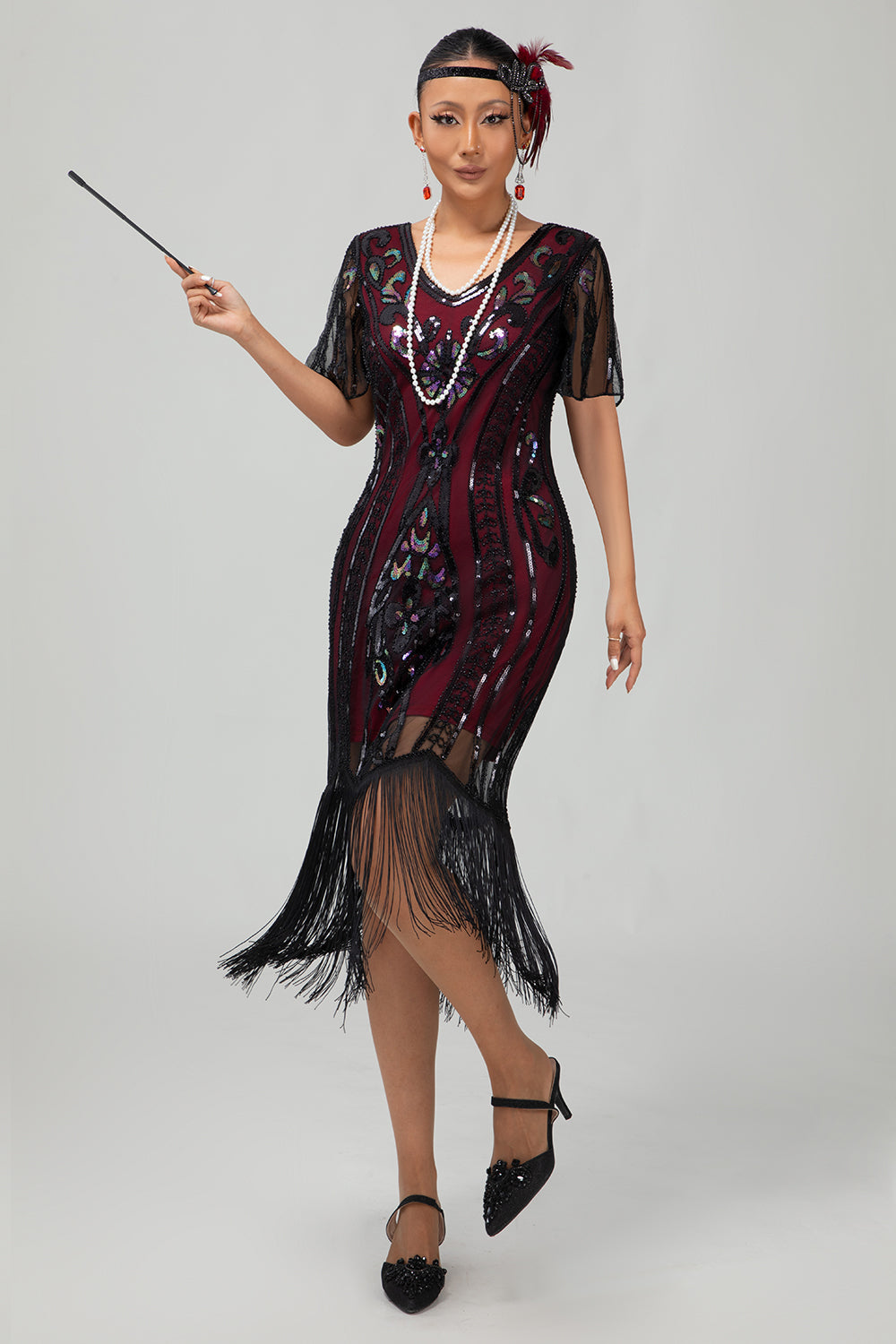 Sparkly Gatsby Burgundy Sequins Bodycon Fringed Midi 1920s Dress