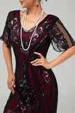 Sparkly Burgundy Gatsby Tight Fringed Midi 1920s Dress with Accessories Set