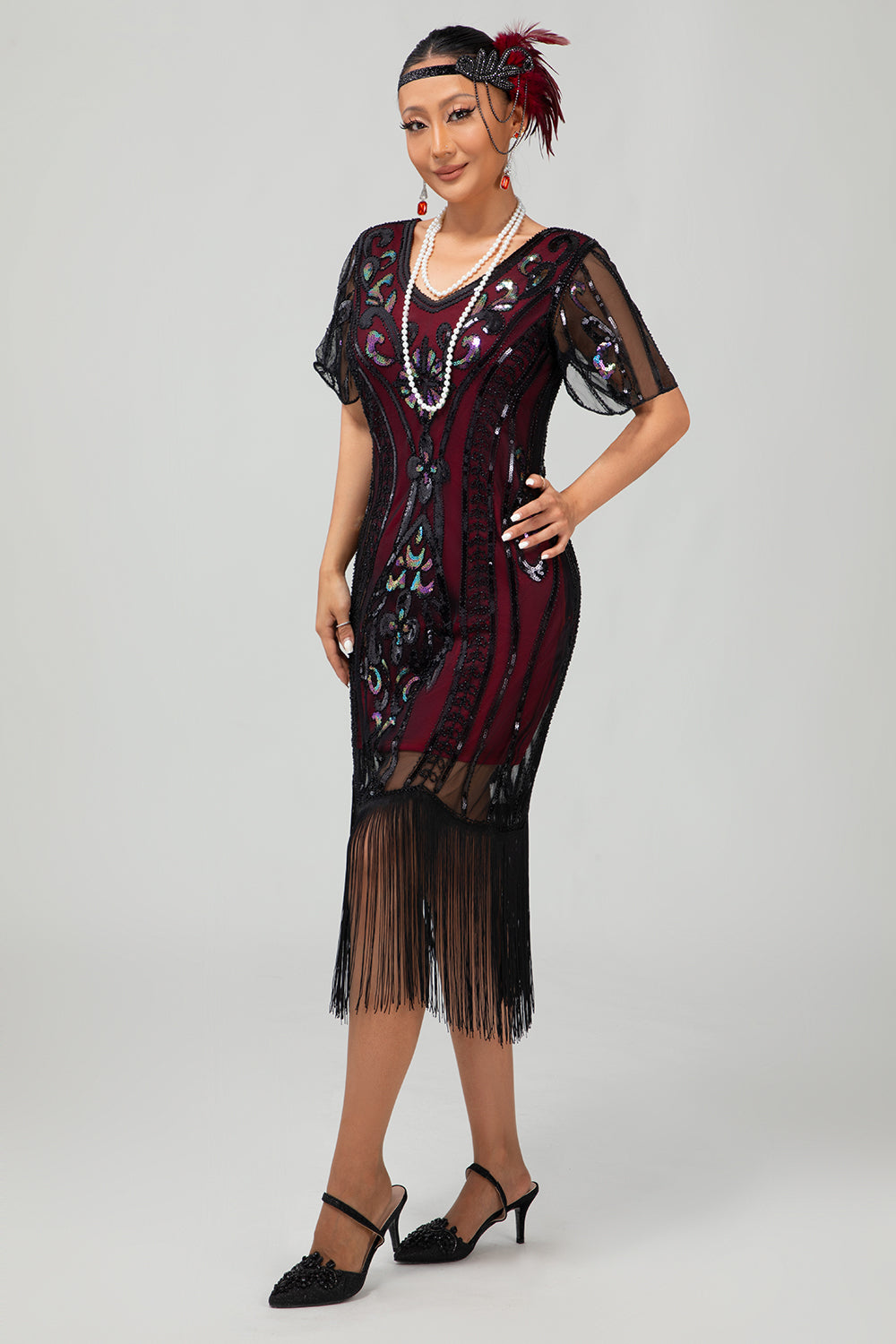 Sparkly Gatsby Burgundy Sequins Bodycon Fringed Midi 1920s Dress