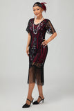 Sparkly Gatsby Burgundy Sequins Bodycon Fringed Midi 1920s Dress