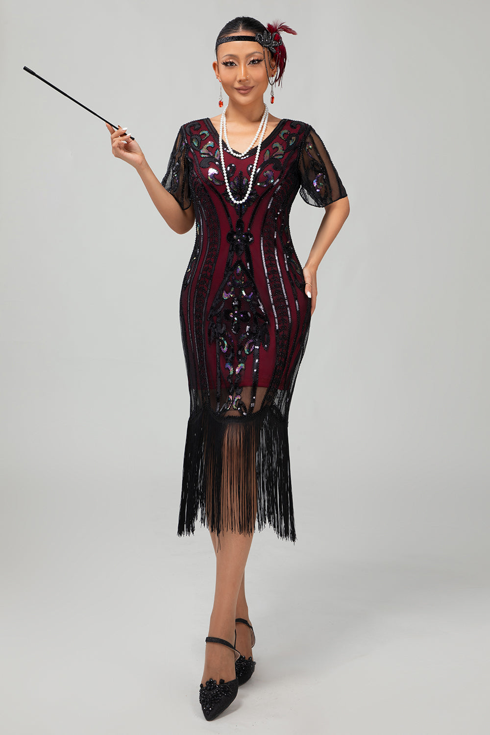 Sparkly Gatsby Burgundy Sequins Bodycon Fringed Midi 1920s Dress