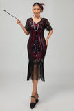 Sparkly Gatsby Burgundy Sequins Bodycon Fringed Midi 1920s Dress