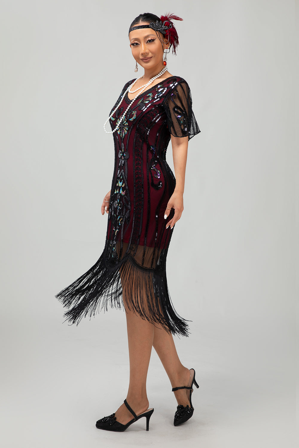 Sparkly Burgundy Gatsby Tight Fringed Midi 1920s Dress with Accessories Set