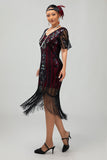 Sparkly Burgundy Gatsby Tight Fringed Midi 1920s Dress with Accessories Set