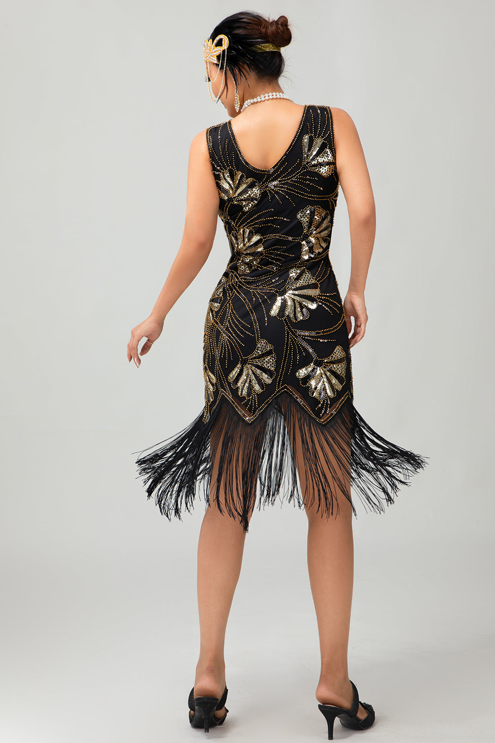 Sparkly Black Golden Fringed Sequins Gatsby Midi 1920s Dress