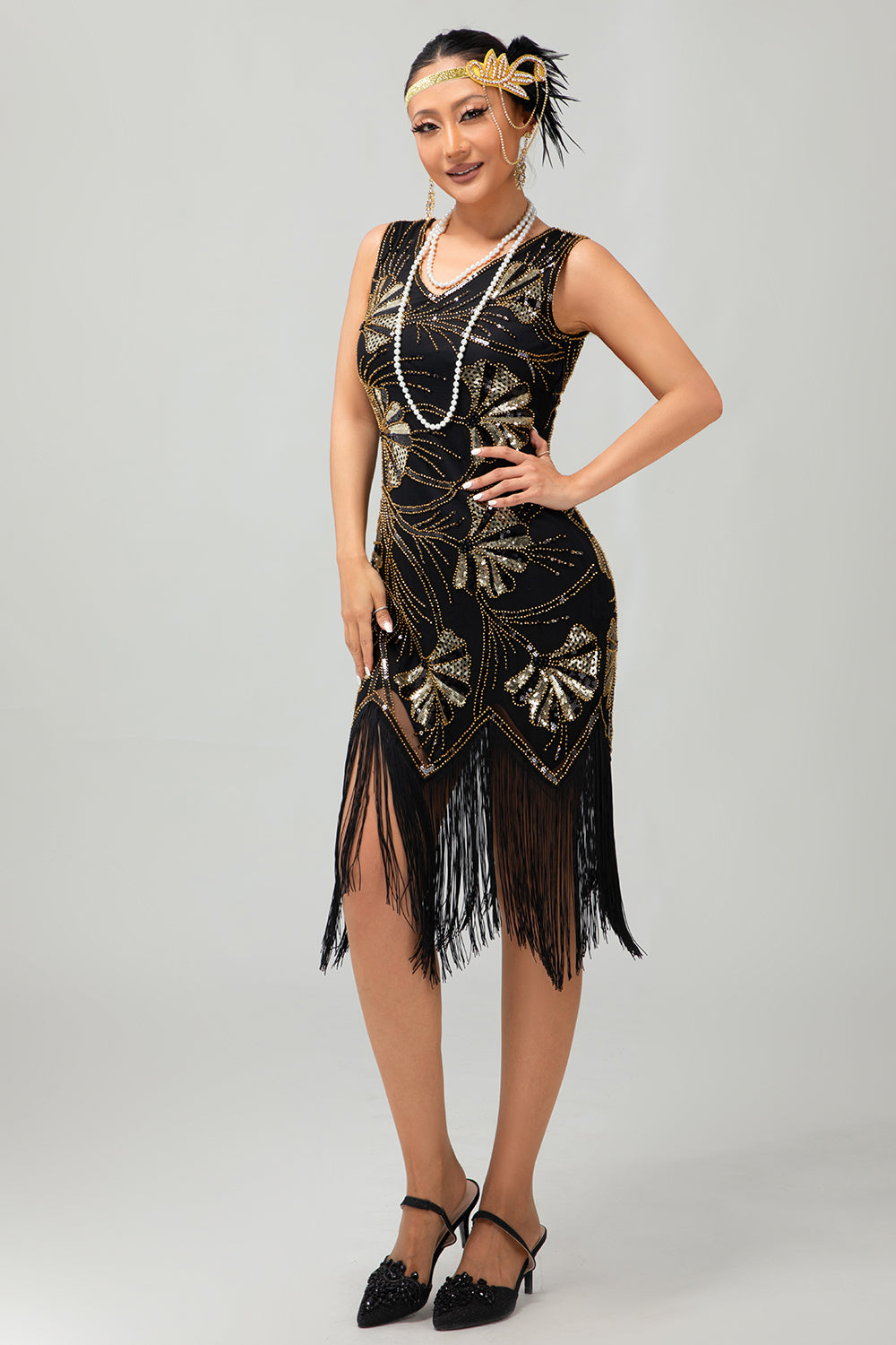Sparkly Black Golden Fringed Sequins Gatsby Midi 1920s Dress