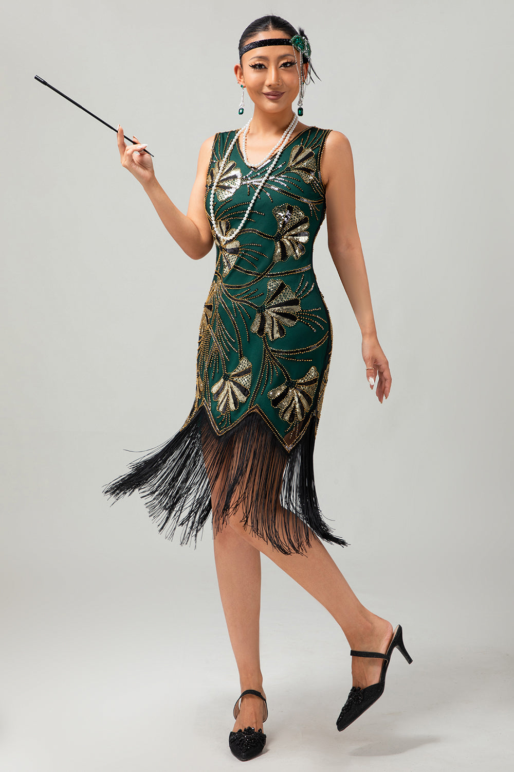 Sparkly Green Golden Sequins Bodycon Gatsby Midi 1920s Dress with Tassles