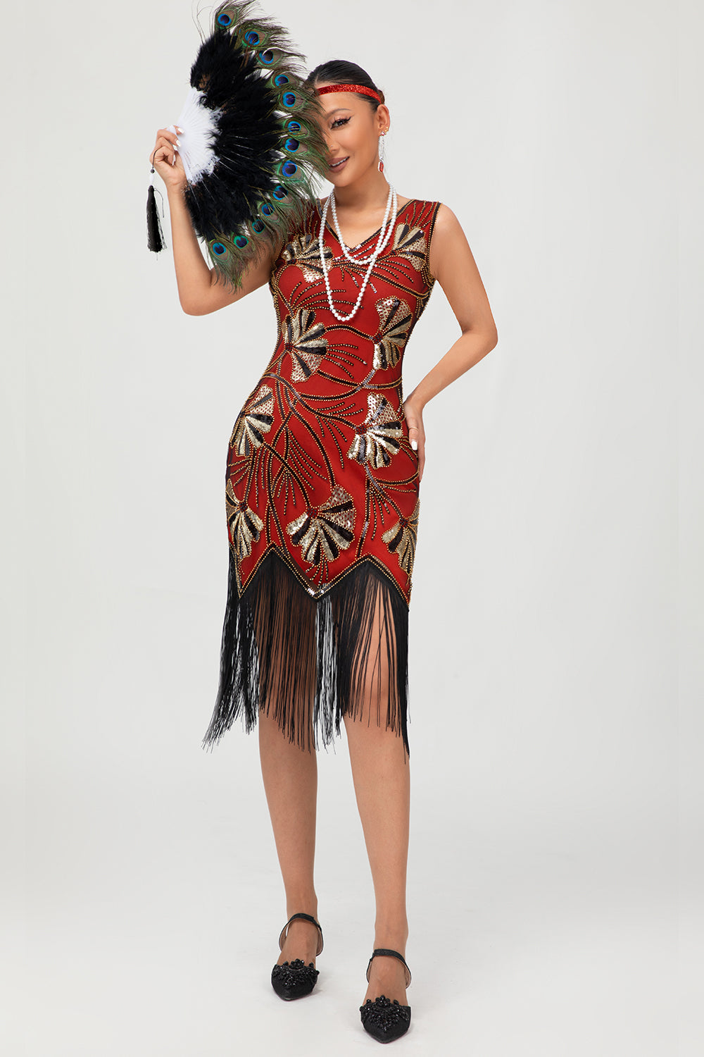 Sparkly Black Golden Fringed Sequins Gatsby Midi 1920s Dress