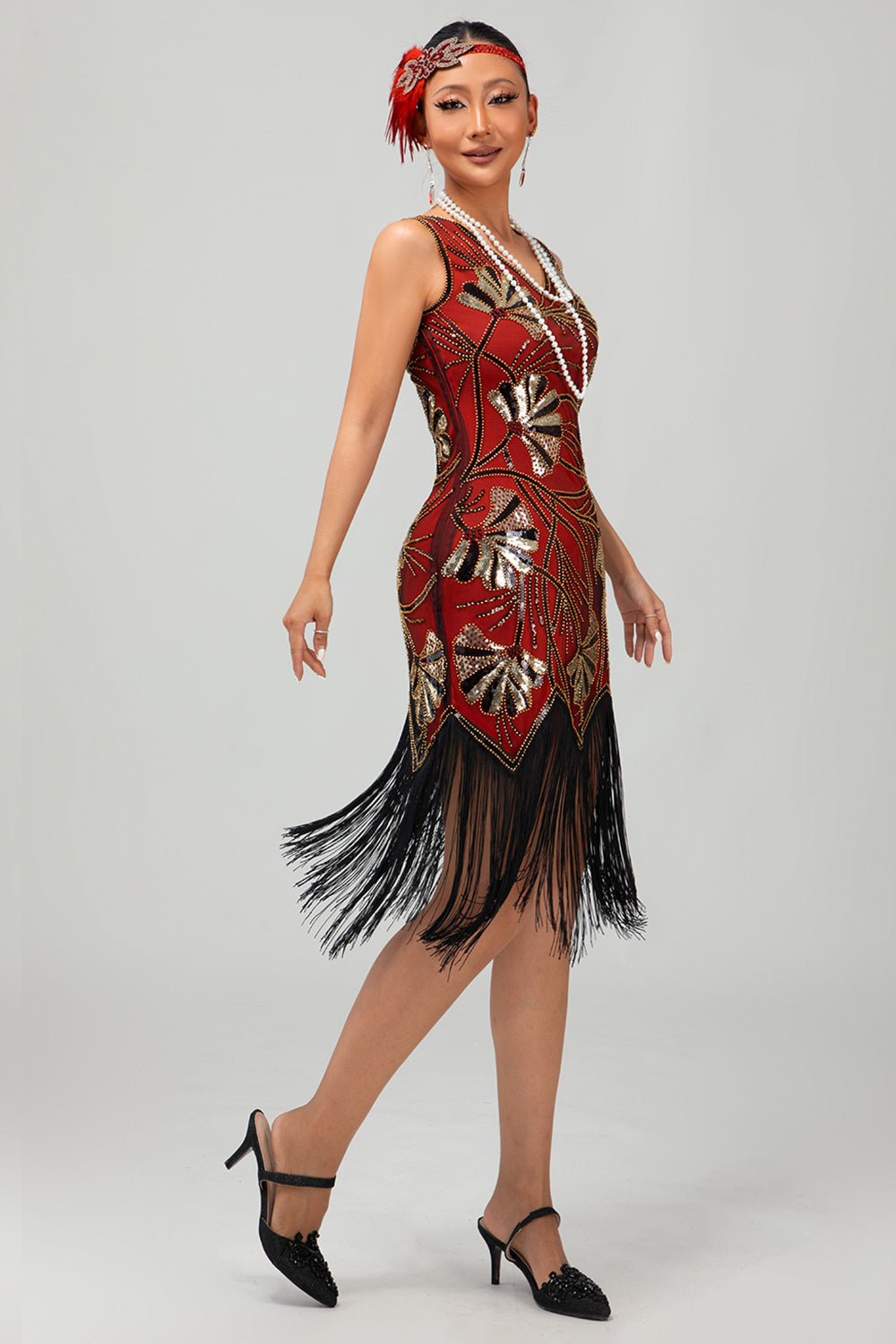 Sparkly Black Golden Fringed Sequins Gatsby Midi 1920s Dress