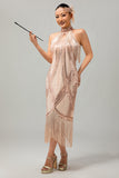 Sparkly Champagne Sequins Halter Fringed 1920s Dress with 5-Piece Accessories Set