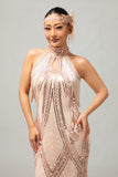 Sparkly Champagne Sequins Halter Fringed 1920s Dress with 5-Piece Accessories Set