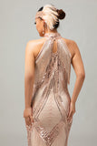 Sparkly Champagne Halter Fringed Gatsby Long 1920s Dress with Sequins