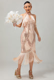 Sparkly Champagne Halter Fringed Gatsby Long 1920s Dress with Sequins