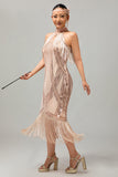Sparkly Champagne Halter Fringed Gatsby Long 1920s Dress with Sequins