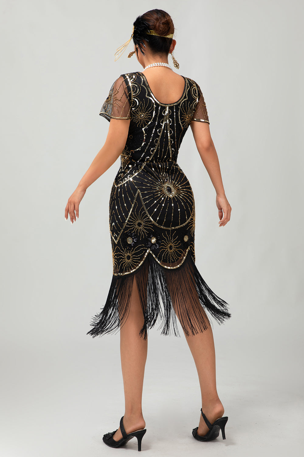 Sparkly Beaded Black Golden Fringed Bodycon Gatsby Midi 1920s Dress