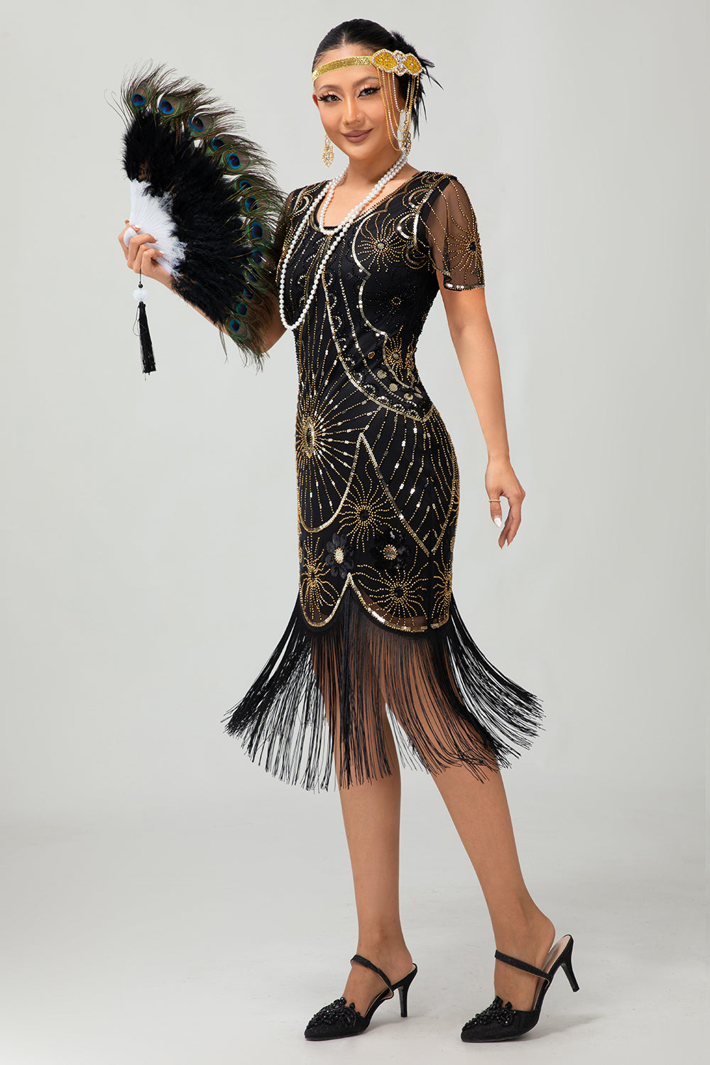 Sparkly Beaded Black Golden Fringed Bodycon Gatsby Midi 1920s Dress