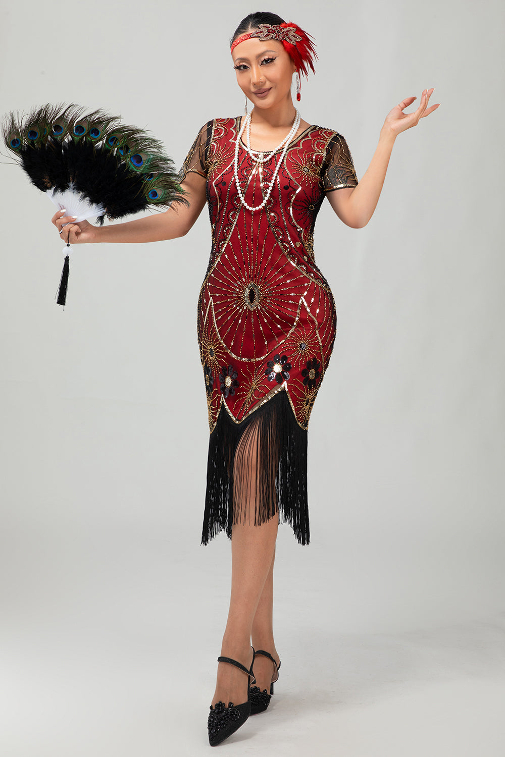 Sparkly Beaded Black Golden Fringed Bodycon Gatsby Midi 1920s Dress