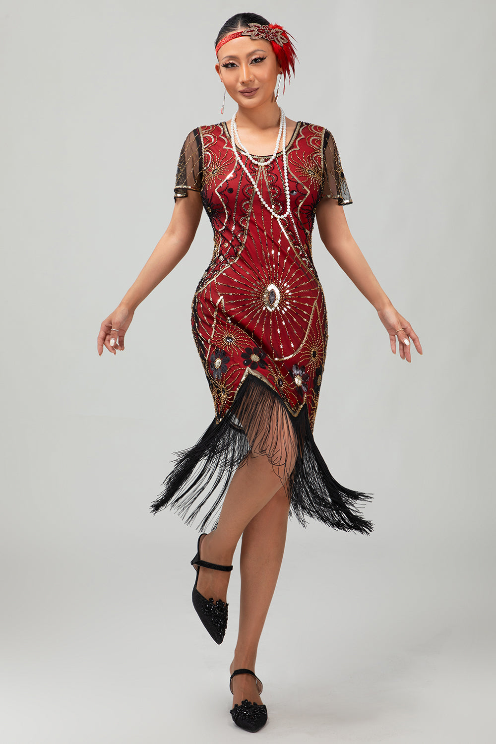 Sparkly Beaded Black Golden Fringed Bodycon Gatsby Midi 1920s Dress