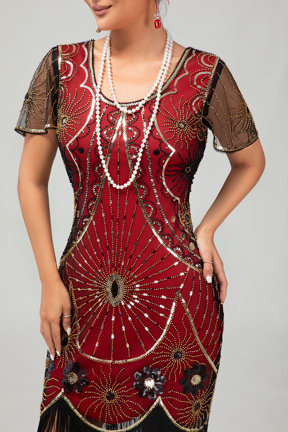Sparkly Beaded Black Golden Fringed Bodycon Gatsby Midi 1920s Dress