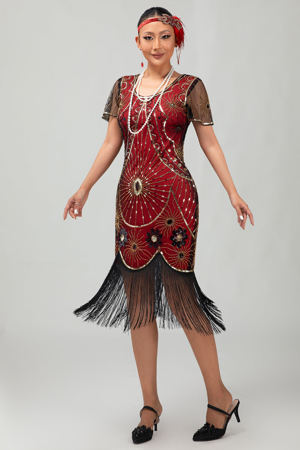 Sparkly Beaded Black Golden Fringed Bodycon Gatsby Midi 1920s Dress