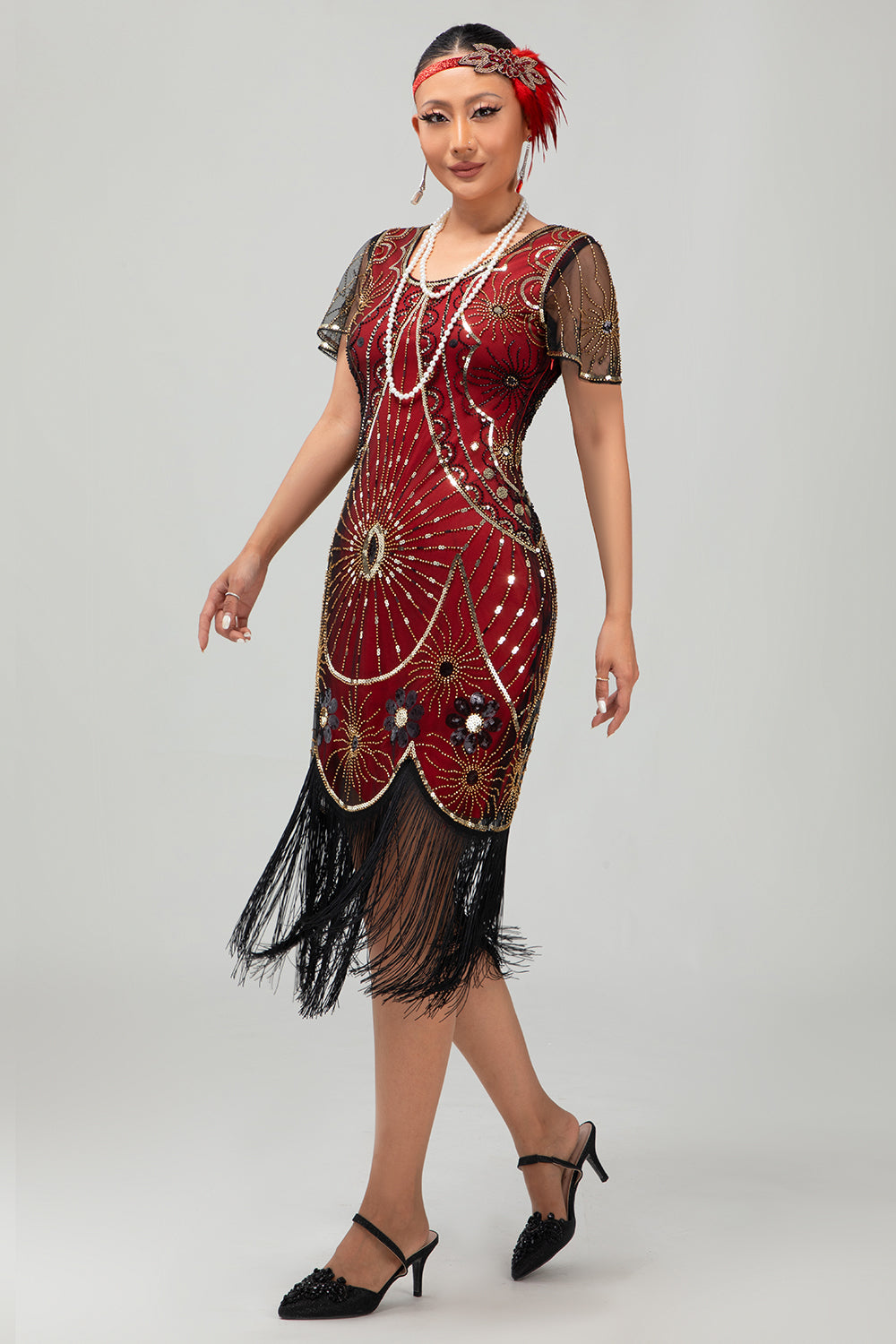 Sparkly Beaded Black Golden Fringed Bodycon Gatsby Midi 1920s Dress
